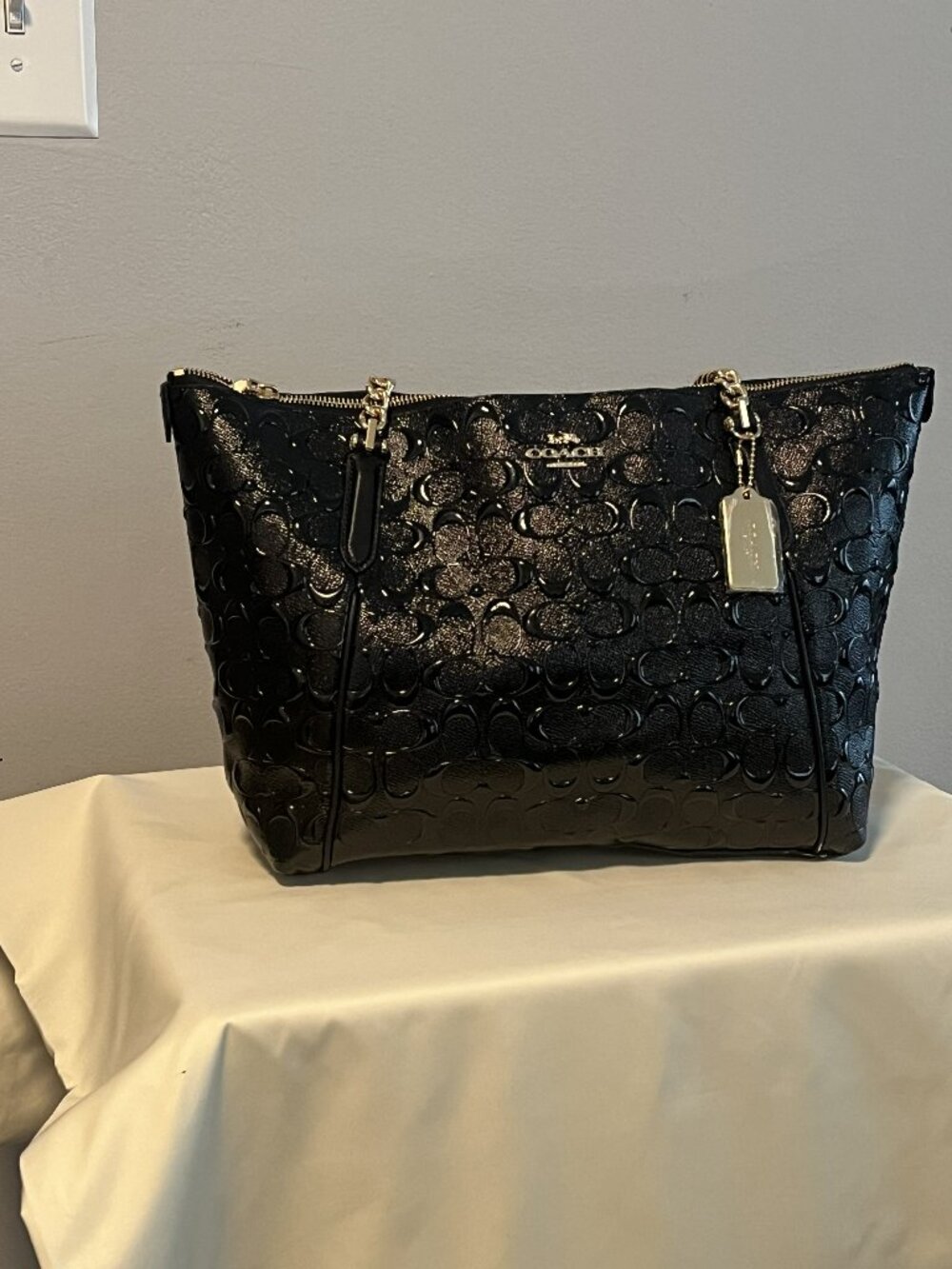 Coach Ava Chain Tote F87673 Black Signature Patent Leather NWT